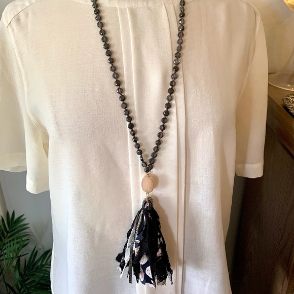 Long Tassel Druzy Natural Stone Necklace beads Gray Black taupe - Picture 5 of 13